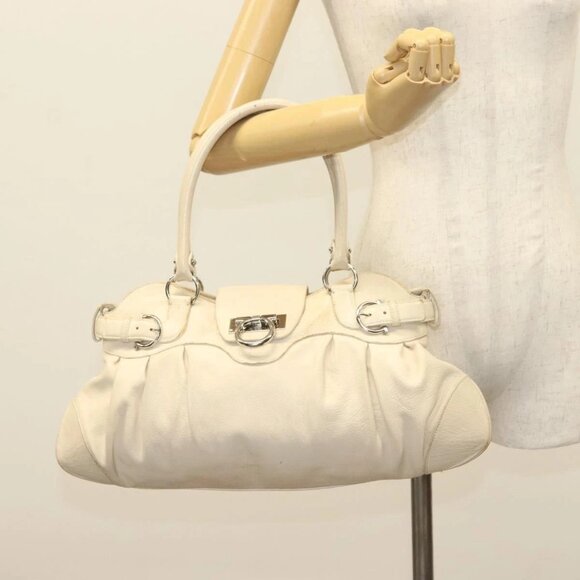 Salvatore Ferragamo Gancini Tote Bag Leather Beige Silver Auth - Picture 1 of 16